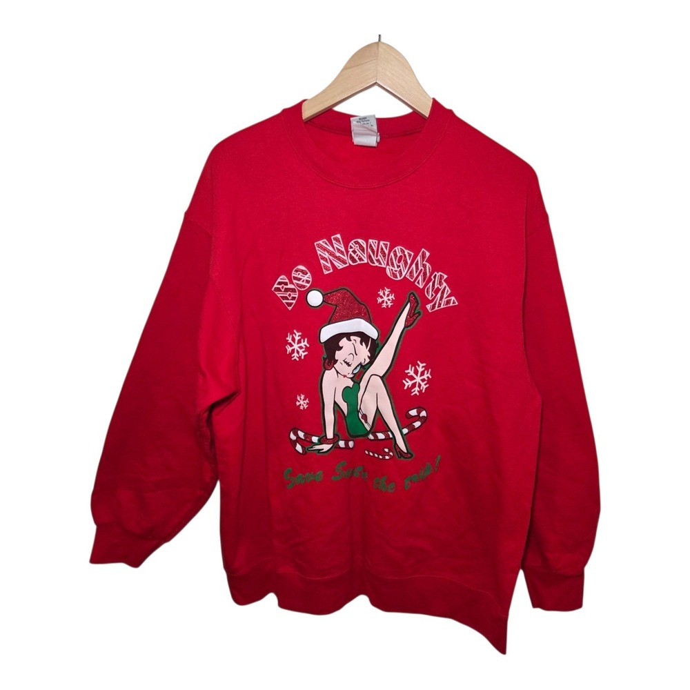 Vtg Betty Boop Be‎ Naughty Christmas Sweatshirt Red Graphic Crewneck Size Large